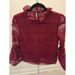 INA Burgundy Lace with Bell Sleeves and Ruffle Collar Elegant Long Sleeve XS Top